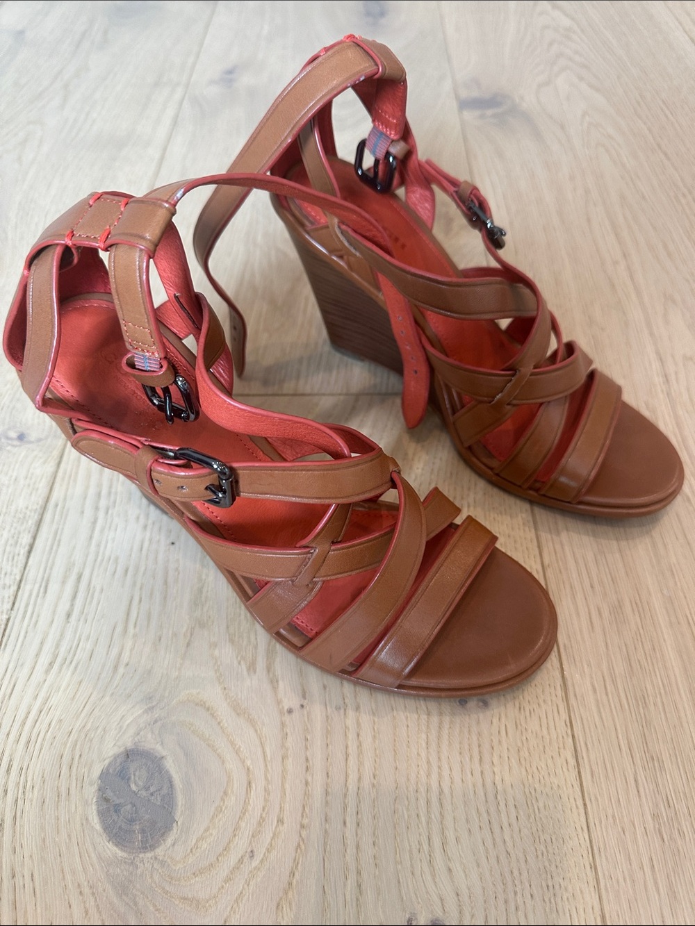 Coach Brown and Coral Strappy Wedge Sandals